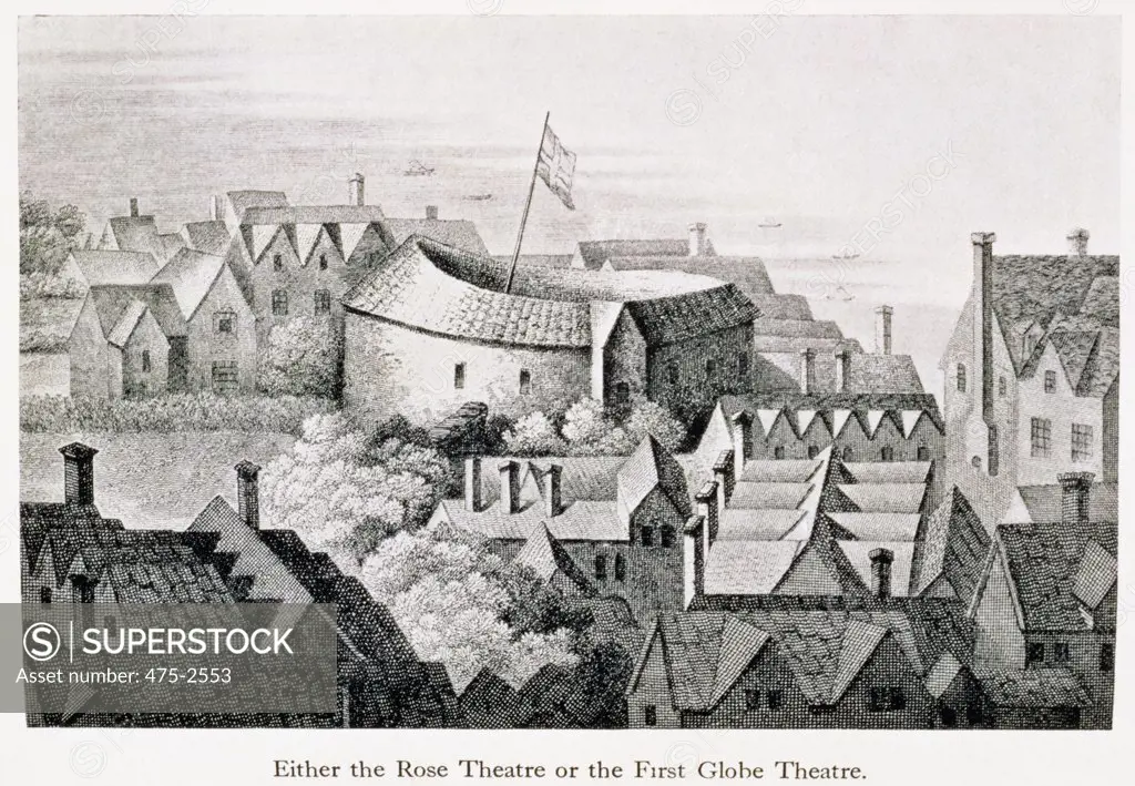 The First Globe Theatre Or Rose Theatre, Etching  Artist Unknown Private Collection 