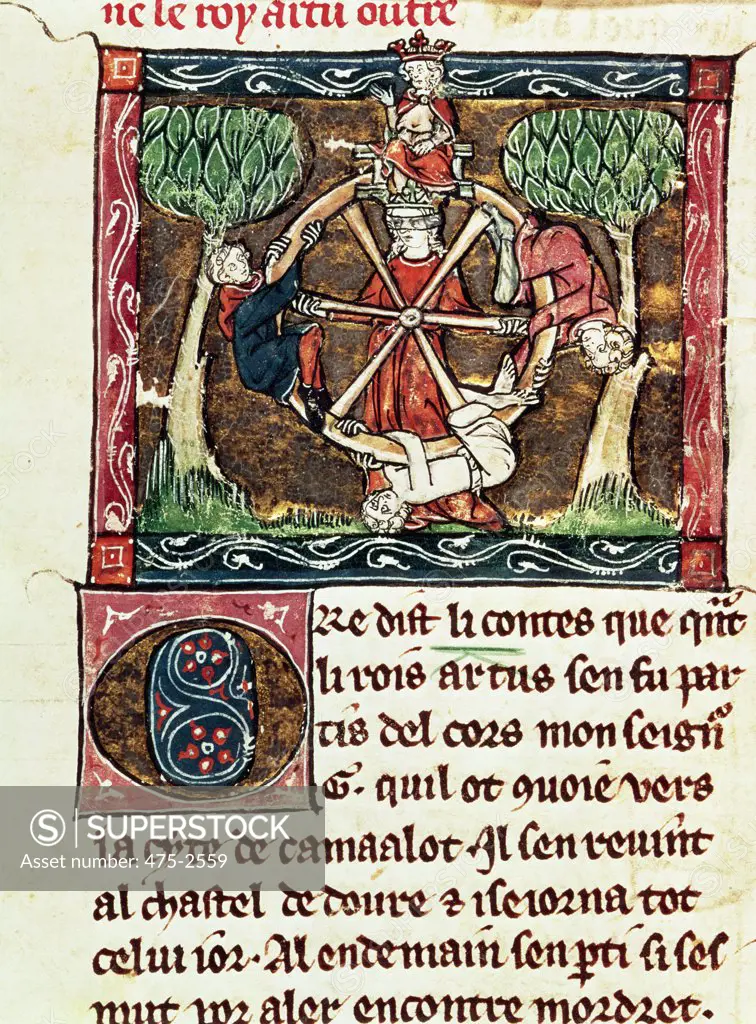 Blind Goddess Fortune With King Arthur Enthroned c.1316 French School Vellum British Library, London, England