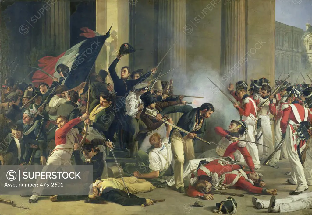 Scene of the 1830 Revolution at the Louvre, Jean-Louis Bezard, (1799-1861/French), Oil on canvas, Musee de la Ville de Paris, France