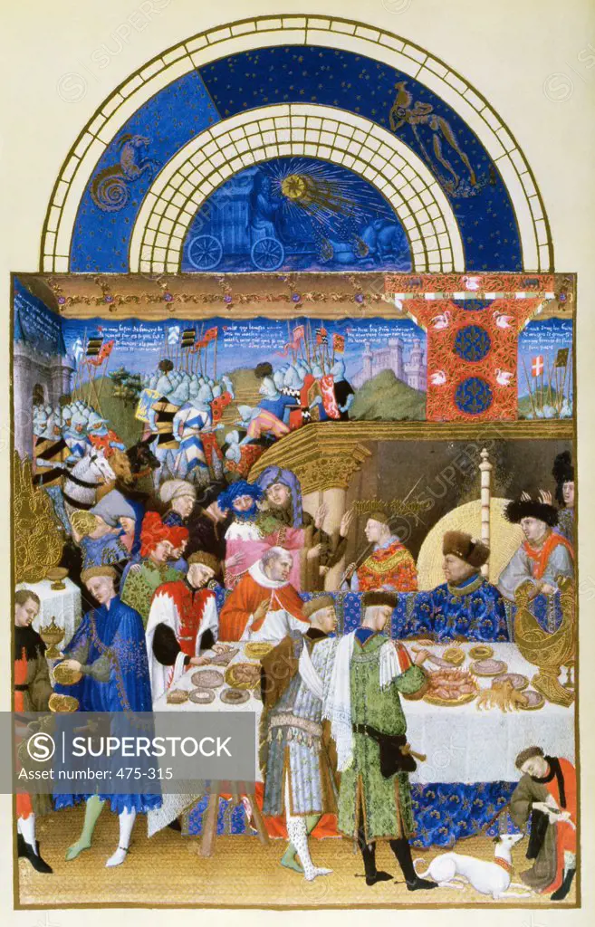 Les Tres Riche Heures du Duc de Berry: January -Banquet Scene 1413-1416 Limbourg Brothers(fl.1400-1416 Netherlandish) Facsimile manuscript Victoria & Albert Museum, London, England