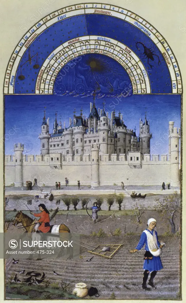 Les Tres Riches Heures du Duc de Berry: October - Sowing the Winter Grain 1413-16 Limbourg Brothers(fl.1400-1416 Netherlandish) Illuminated Manuscript Musee Conde, Chantilly, France