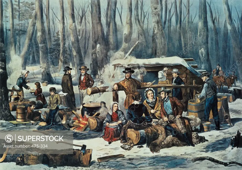 American Forest Scene - Maple Sugaring 1856 Currier & Ives (1834-1907/American) Lithograph Private Collection