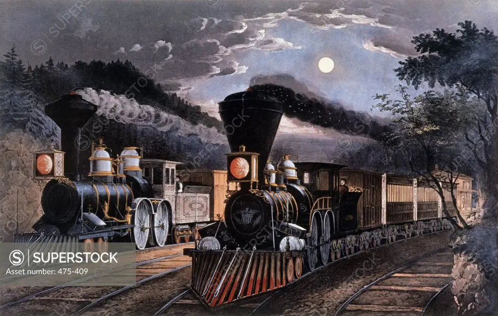 Lightning Express Trains  1863 Currier & Ives(1834-1907 American) Lithograph Private Collection 