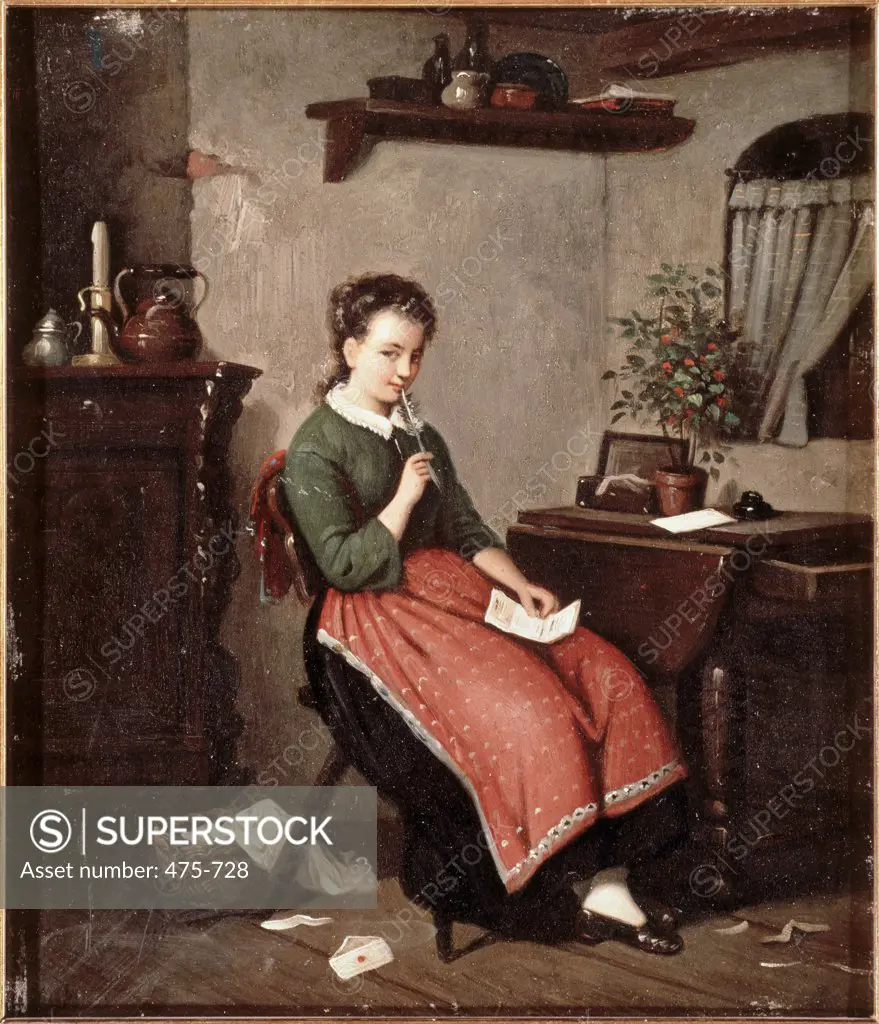 Young Girl Writing A Love Letter  Meyer von Bremen, Johann Georg(1813-1880 German) Josef Mensing Gallery, Hamm-Rhynern, Germany 