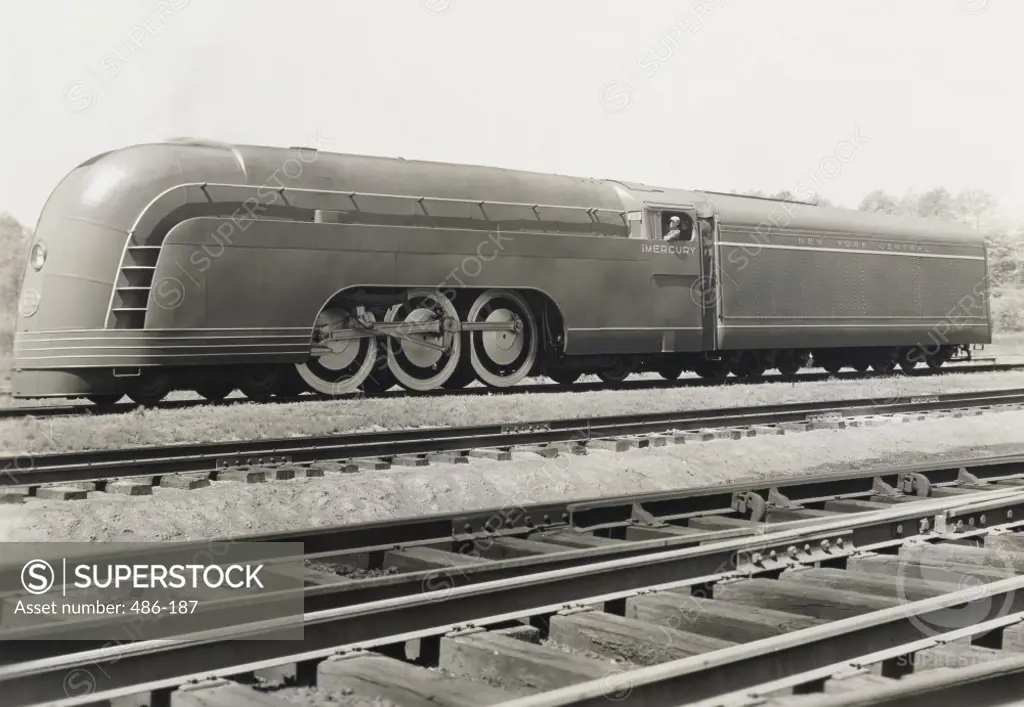 Train on a railroad track, Mercury Streamlined Steam Locomotive, New York Central Railroad