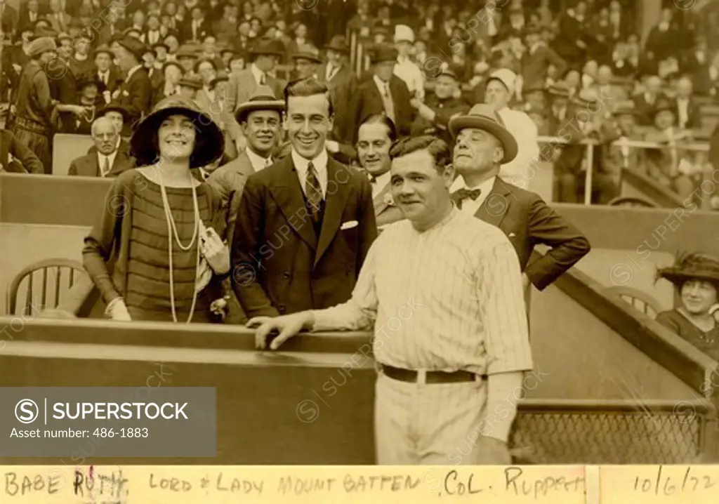Portrait of Babe Ruth, Lord Mountbatten, Lady Mountbatten and Jacob Ruppert with crowd of people in background