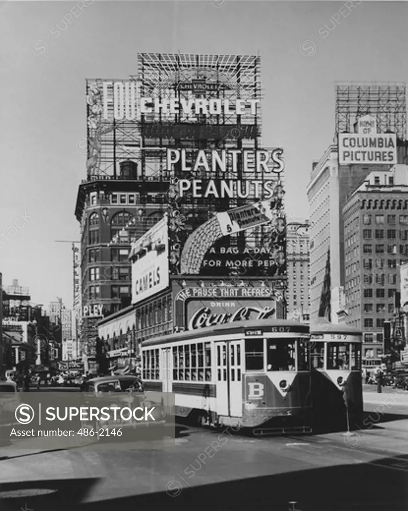 USA, New York City, Broadway surface cars at 46 st., 1940
