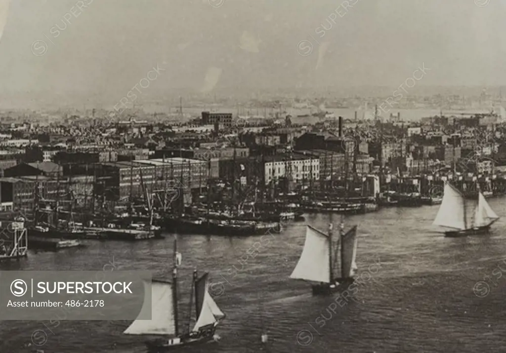 USA, New York City, Battery, Castle Garden, Governor's Island. N.Y.C. Waterport, Showing Ships Tied Up At Docks, About 1870