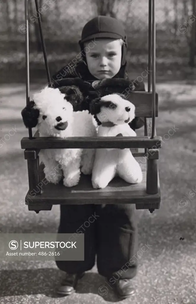 Portrait of boy with stuffed toys on swing
