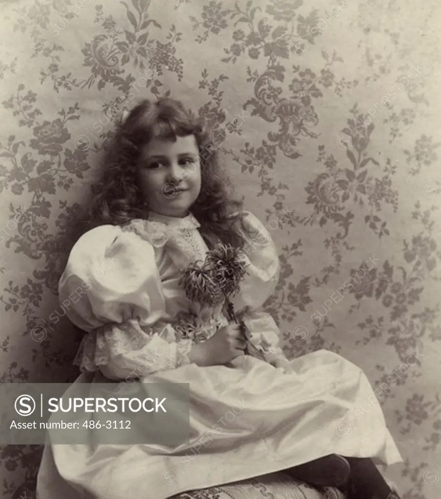 USA, New York State, New York City, Portrait of girl with flowers, 1893