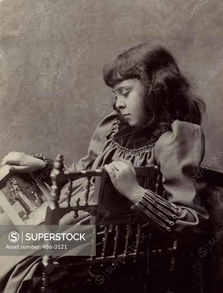 USA, New York State, New York City, Portrait of girl reading book, 1890