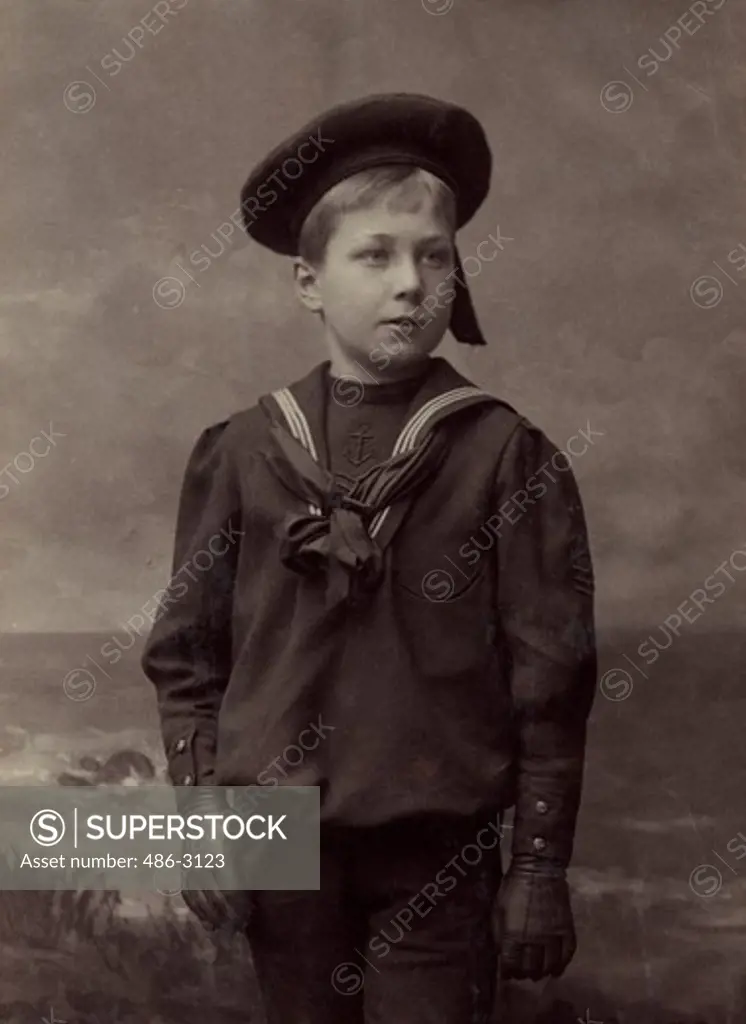 USA, New York State, New York City, Portrait of boy wearing sailor hat, 1893