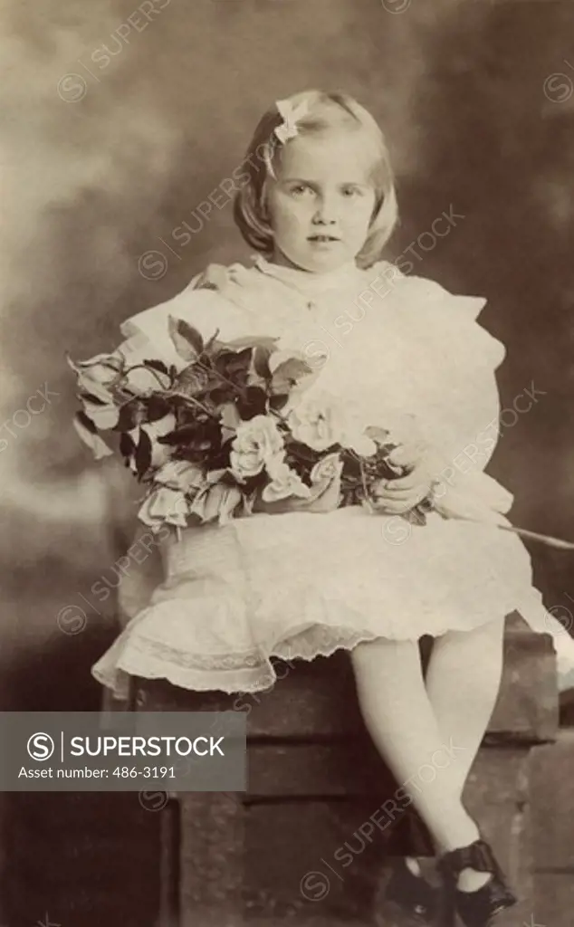 USA, New York, New York City, Portrait of girl in white dress, 1899