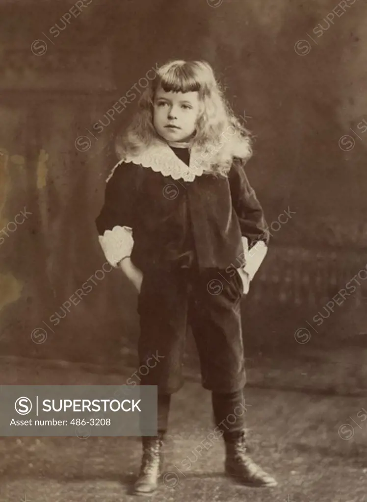 USA, Rhode Island, Newport, Portrait of boy dressed up as page, 1900