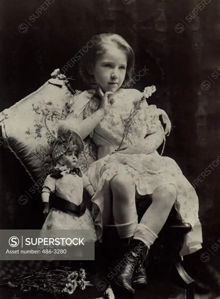 USA, Rhode Island, Newport, Portrait of girl with doll, 1891