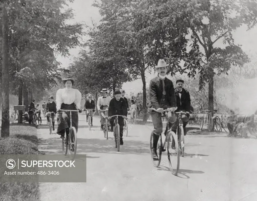 USA, Riverside Drive, People riding bicycles, 1898