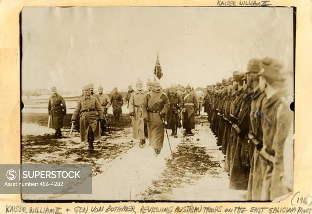 Kaiser Wilhelm II and general von Bothmer reviewing Austrian troops on the East Galicia front, 1916