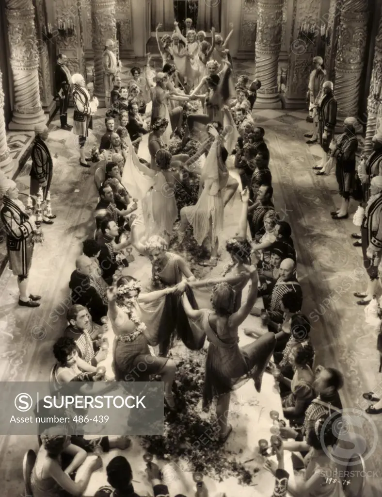 High angle view of a group of people dancing in a banquet hall