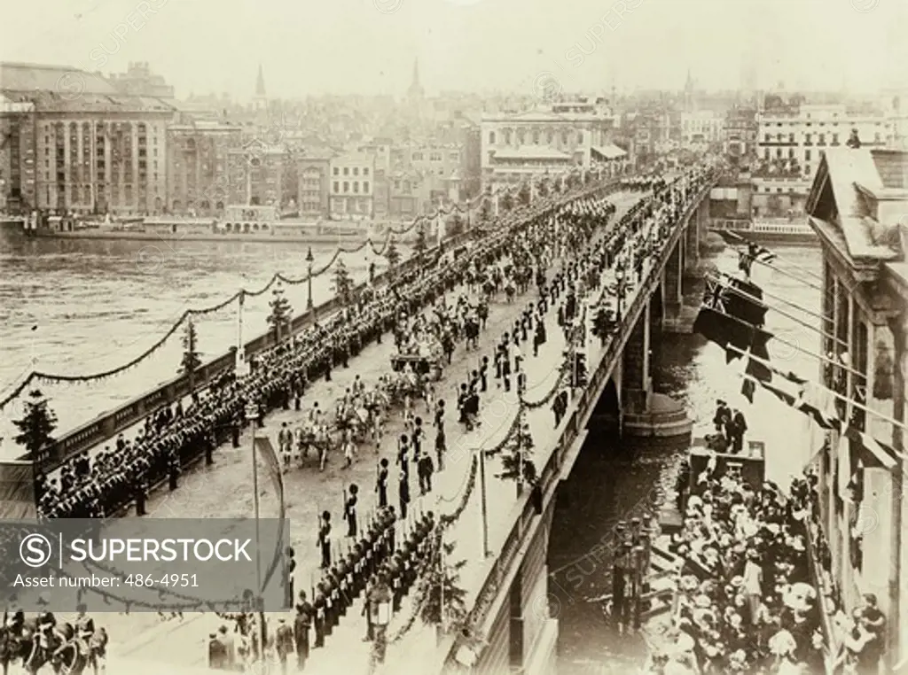 UK, England, London, Funeral procession crossing bridge over Thames river