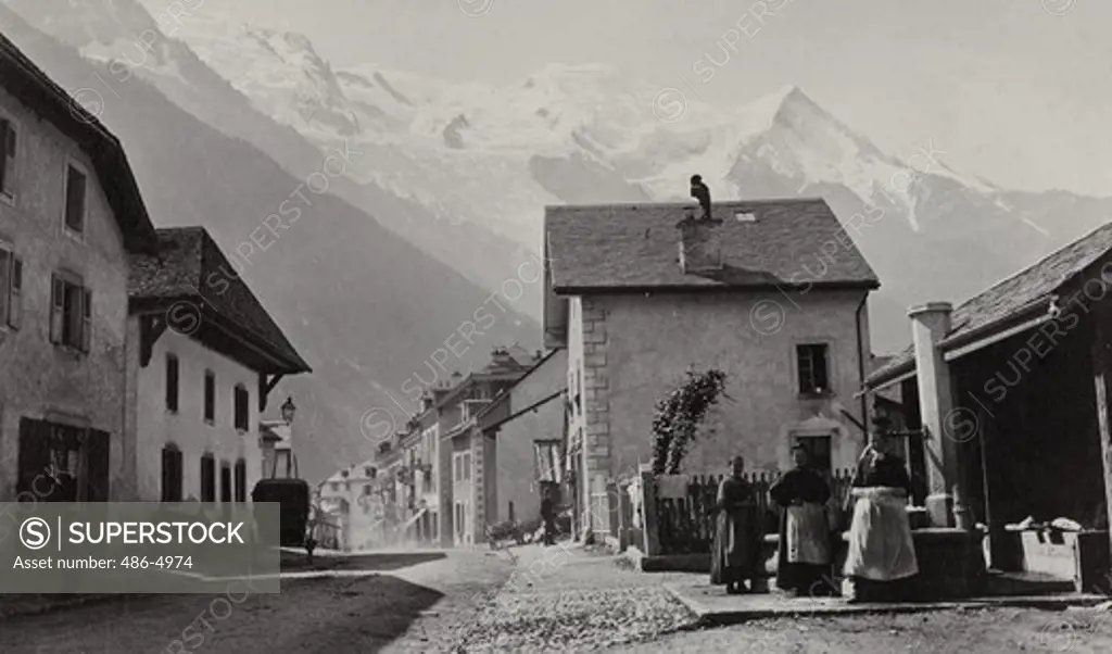 France, Chamonix, View of village and Mont Blanc