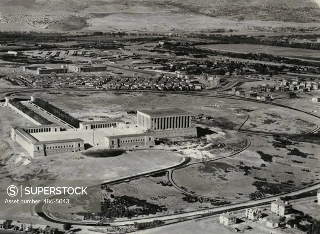 Turkey, Ankara, Aerial view of Ataturk's Mausoleum Memorial, 1953, Ataturk's Mausoleum Memorial. This air view shows the specially built mausoleum at Ankara, Turkey, to which the body of Ataturk, ""father of the Turkish Republic"", is today November 10 being moved in a state ceremony. Ataturk, who died in istanbul November 10 1938, has lain since his death in a temporary vault at a Museum in Ankara. The mausoleum constitutes a national memorial to Ataturk.