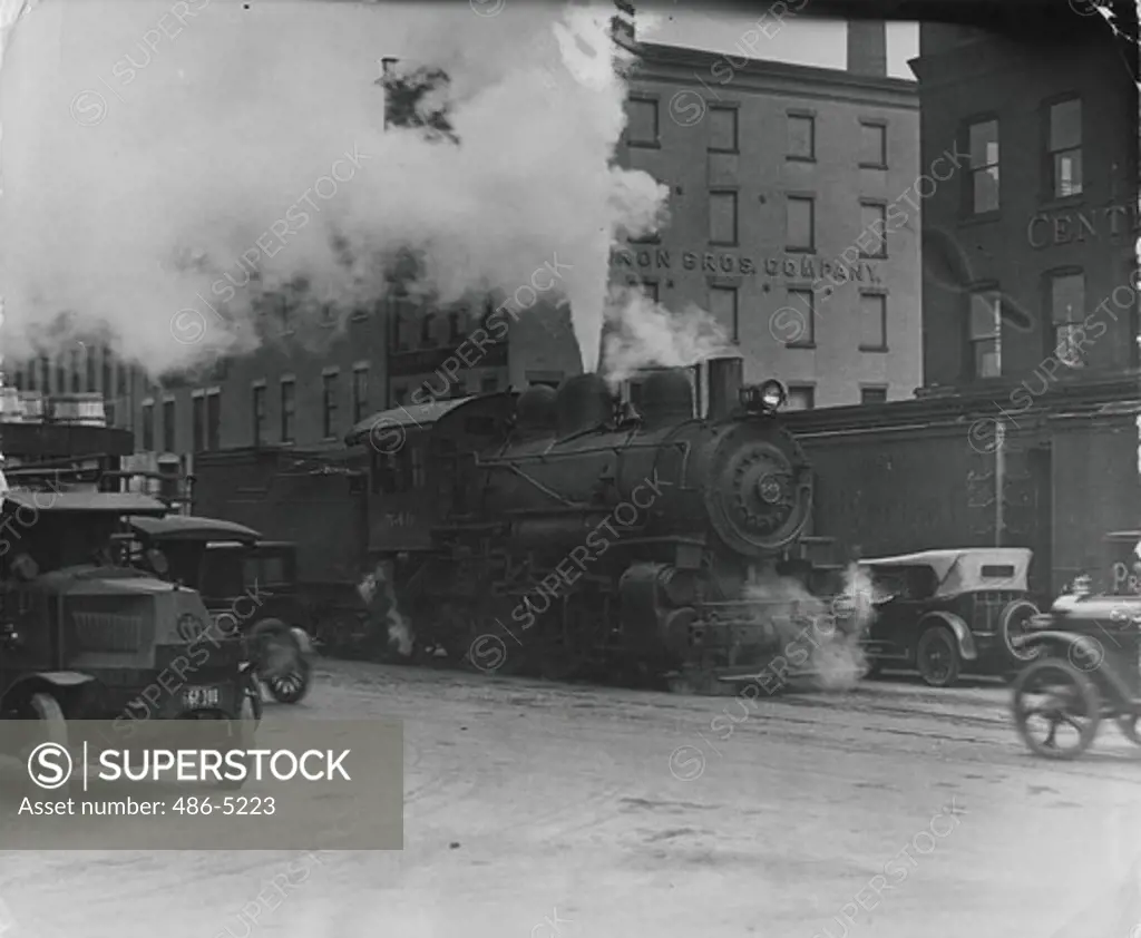 USA, New York State, New York City, Freight train coming into wholesale meat district, Freight coming into wholesale meat district in New York City. These were the trains always preceded by a ""Paul Revere"" on horseback - due to some antique city ordinance