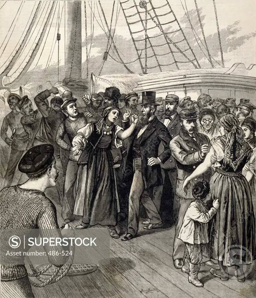 Health Officials Vaccinating Emigrants on the Steamship Victoria c. 1881 Artist Unknown Engraving Culver Pictures Inc.