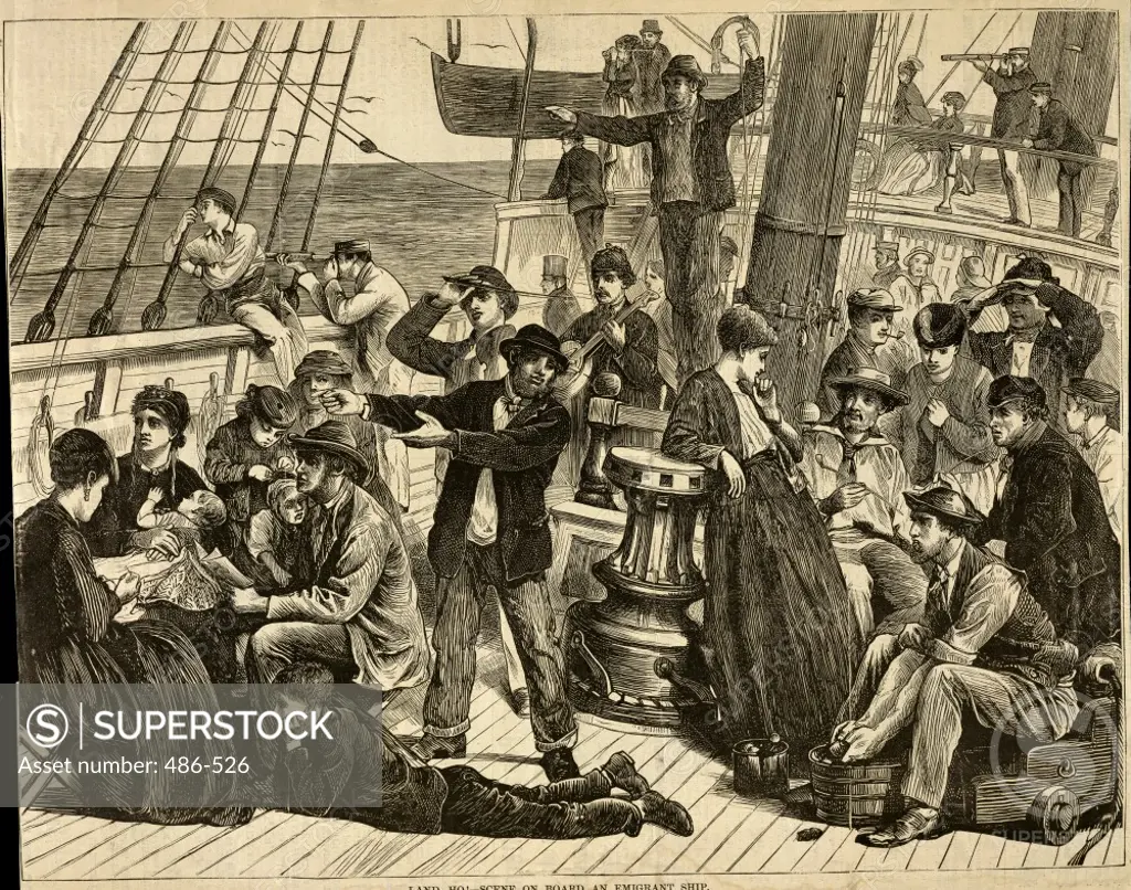 Land Ho! - Scene on Board an Emigrant Ship c. 1871 Matthew White Ridley (1837-1888) Engraving Culver Pictures Inc.