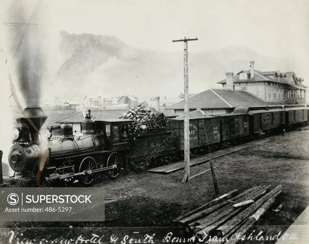USA, Oregon, Hotel and Southern Pacific train to Ashland, 1887