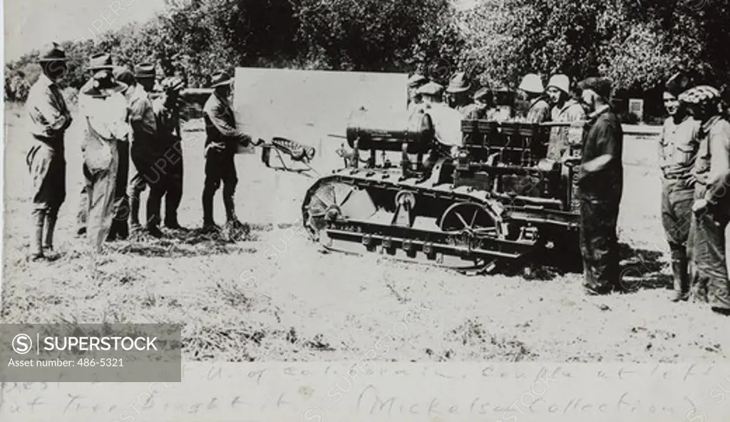 USA, California, Tractor show at University of California, Back in WWI days, university of California campus was scene of several tractor shows and demonstration to help the state's farmers quickly and accurately learn about mechanical power to replace their ""hay burners"", as Ben Holt used to call all animal power he thought should be unhitched to make way for his crawler tractors being built at Stockton.