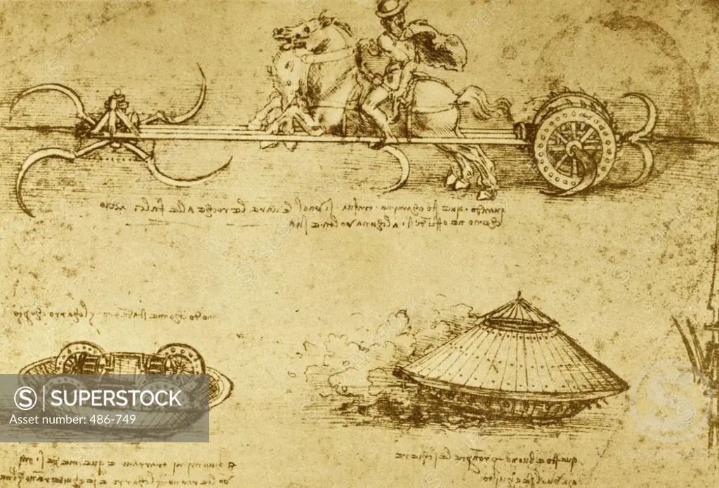 Military Inventions Sketches Scythed Car (T) and Armored Car (B) Leonardo da Vinci (1452-1519/Italian) Drawing Culver Pictures Inc. 