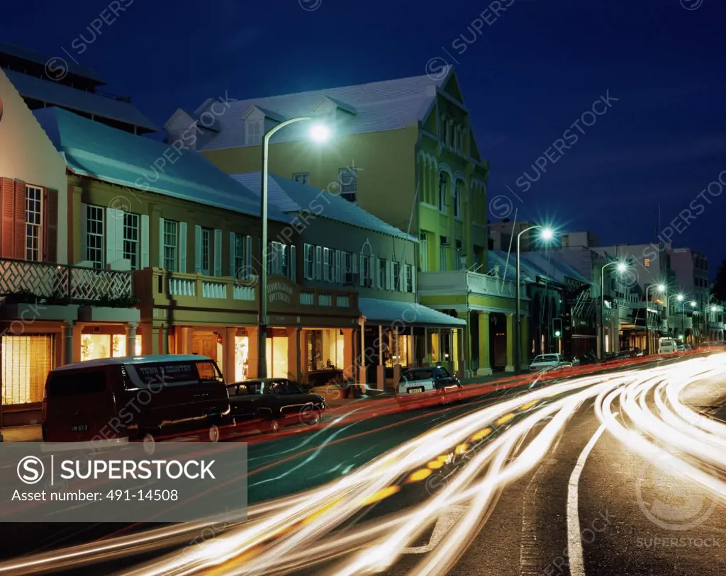 Streaks of light from moving traffic, Front Street, Hamilton, Bermuda