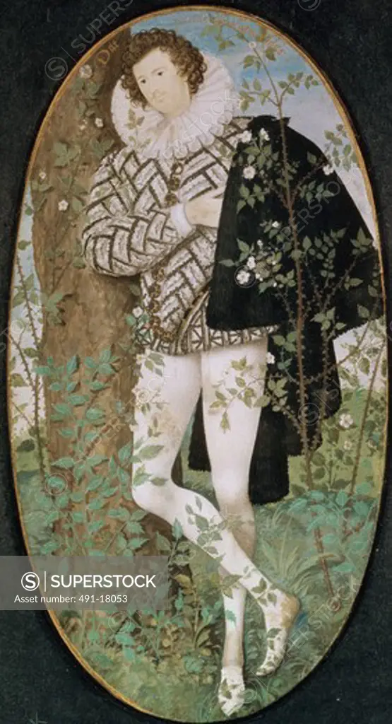 A Youth Leaning Against a Tree Among Roses  ca. 1588 Nicholas Hilliard (ca..1547-1619 British) Watercolor on vellum Victoria & Albert Museum, London, England