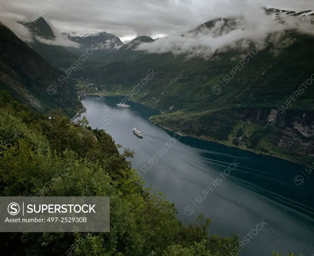 Cruise ships in a fjord, Geirangerfjord, Geiranger, Norway