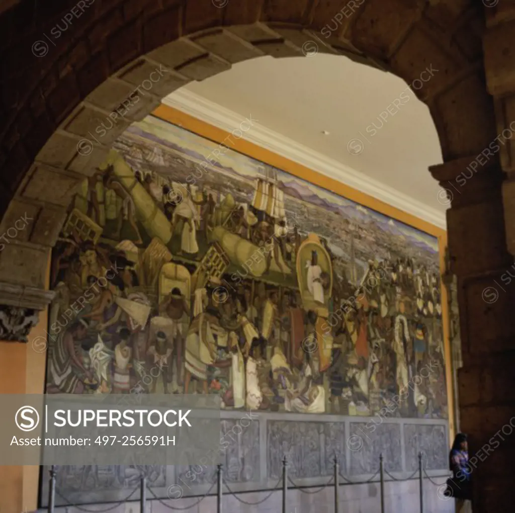 Diego Rivera Mural seen through an arch, Great Tenochtitlan, National Palace, Mexico City, Mexico 