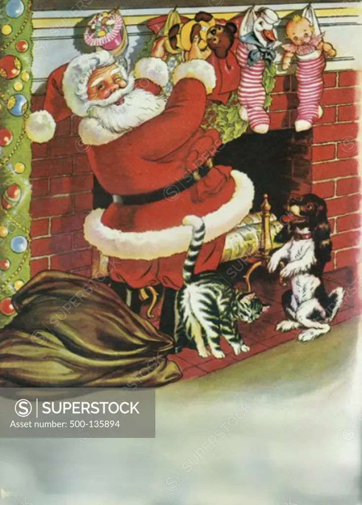 Santa Filling Stockings Nostalgia Cards Illustration