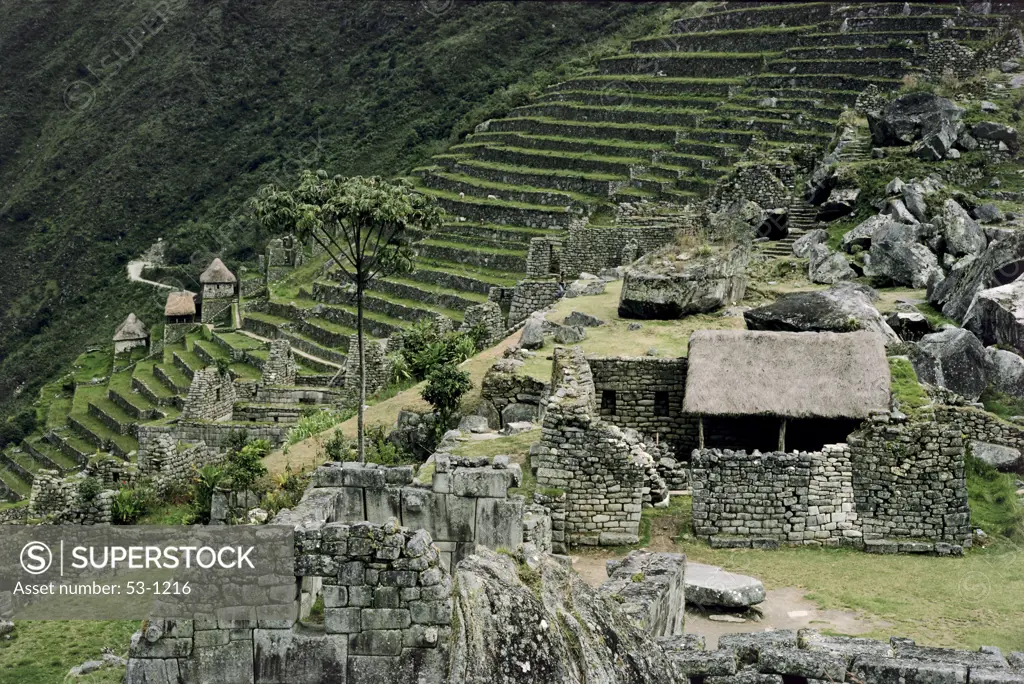 High angle view of old ruins of buildings, Machu Picchu (Incan), Peru