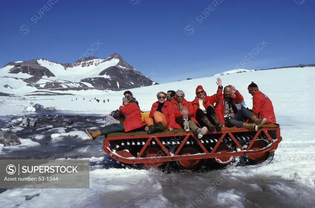 People on a snow mobile, Hope Bay, Antarctica