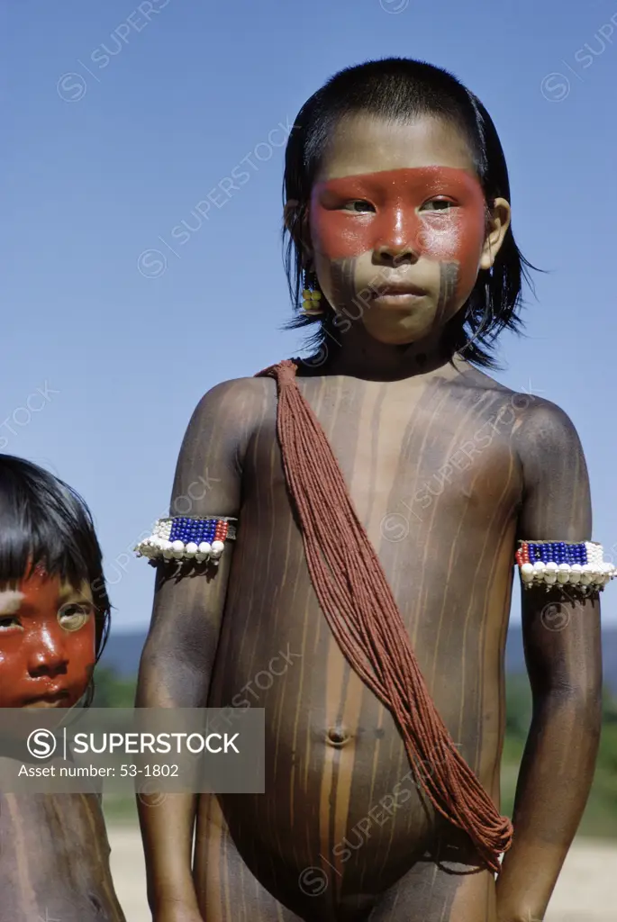 Caipo Indian Girl Painted with Achiote Xingu River Brazil