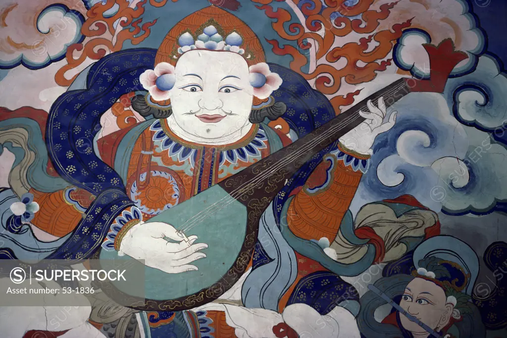East Protector Playing a Darphey  Artist Unknown (Indian) Mural   Hemis Monastery, Ladakh, India 