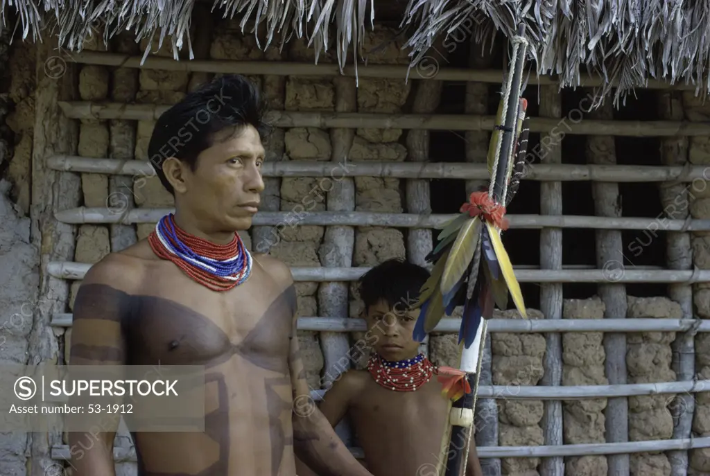 Tapirape Indian Chief & Son Mato Grosso Plateau Brazil