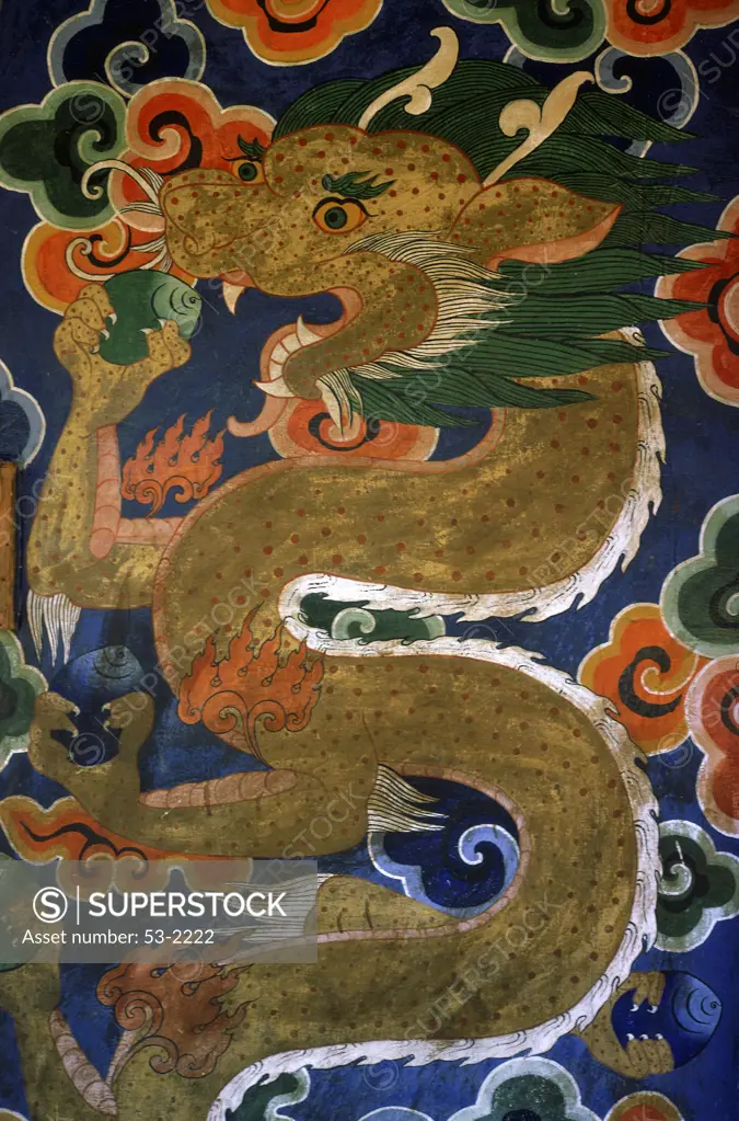 Buddhist Painting of a Dragon on Temple Door in Thimpu  Artist Unknown (Asian) 