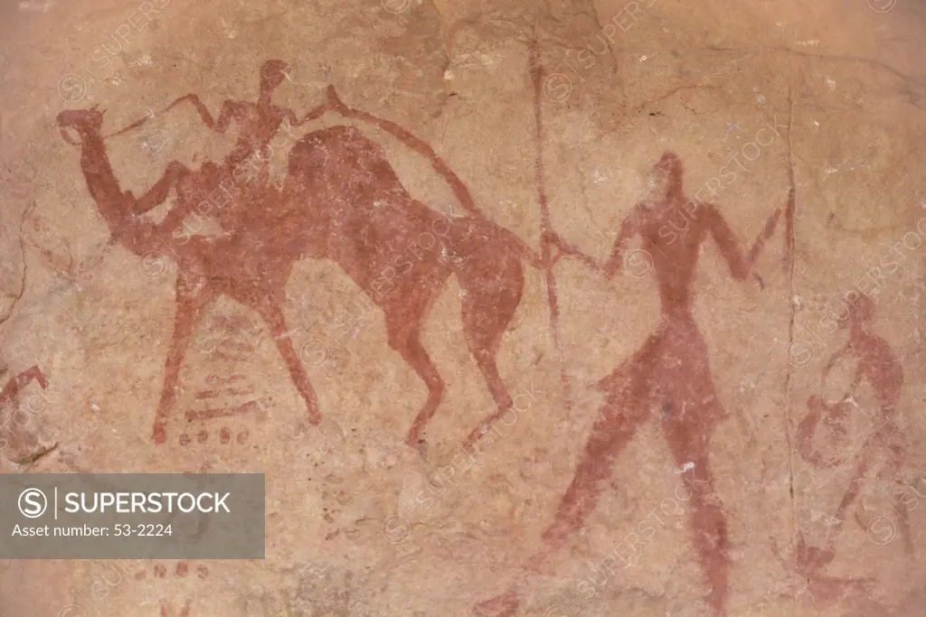 Rock Painting of Camel and Hunter Tassili N'ajjer Primitive Art