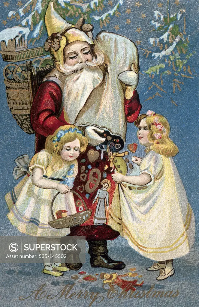 Santa With Two Girls Nostalgia Cards 