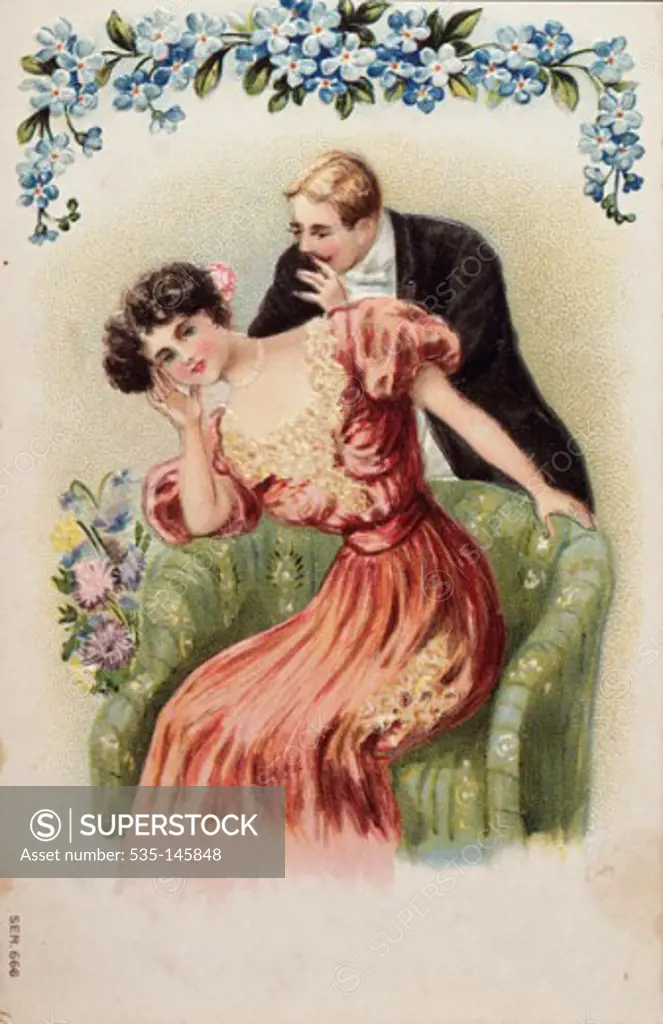 Man Whispering to Woman 1910 Nostalgia Cards Illustration