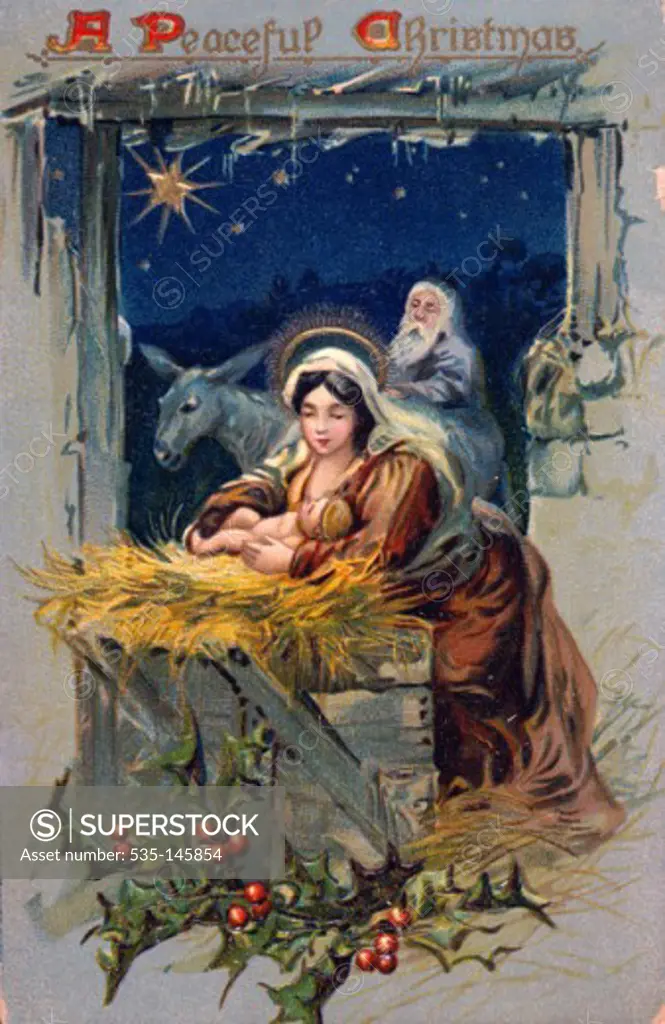 Manger Scene- "A Peaceful Christmas" 1909 Nostalgia Cards Color lithograph