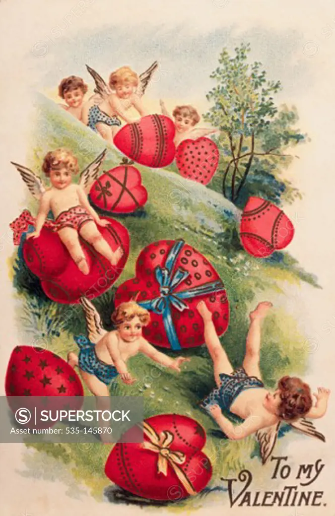 Tumbling Hearts and Cupids 1909 Nostalgia Cards 