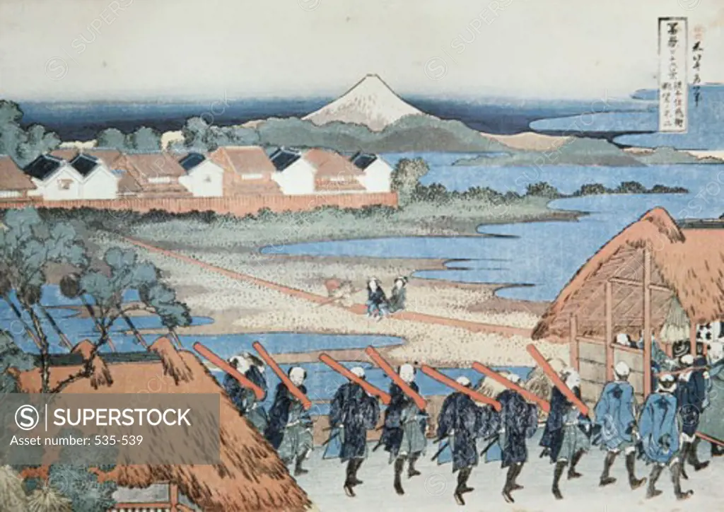 Warriors In Landscape With Mt. Fuji  Hokusai, Katsushika(1760-1849 Japanese) Woodcut Print