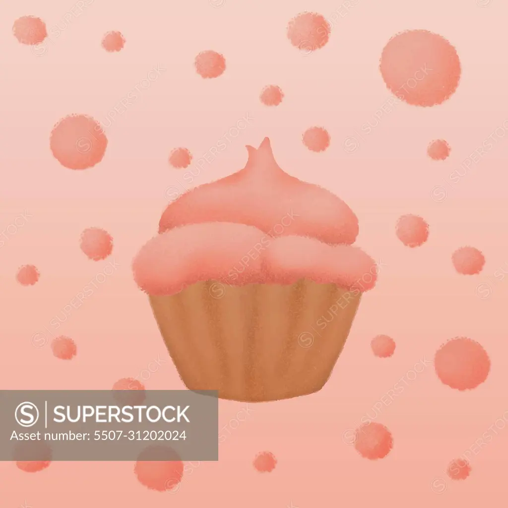 hand drawn cupcake and dots in coral pink color palette, texture effect of chalk or crayon