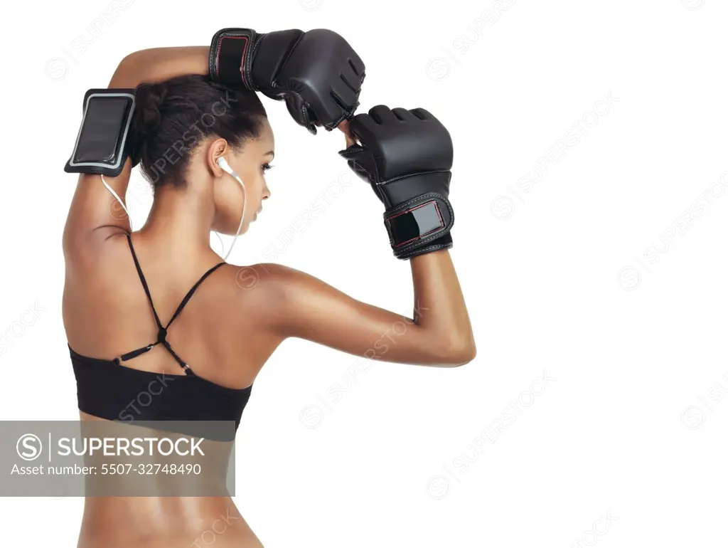 Sports music, studio boxer and black woman ready for exercise